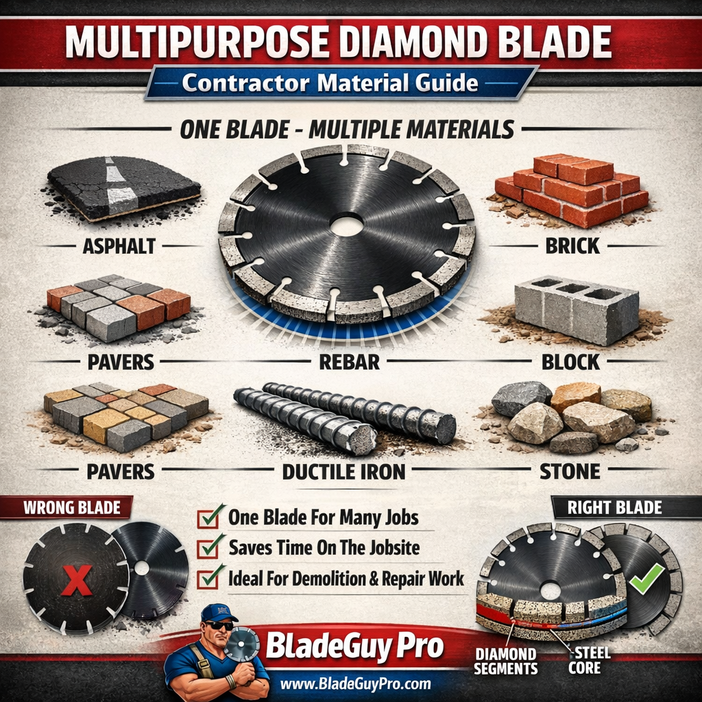 Multipurpose diamond blade materials chart showing asphalt, concrete, brick, block, pavers, ductile iron, rebar and stone.