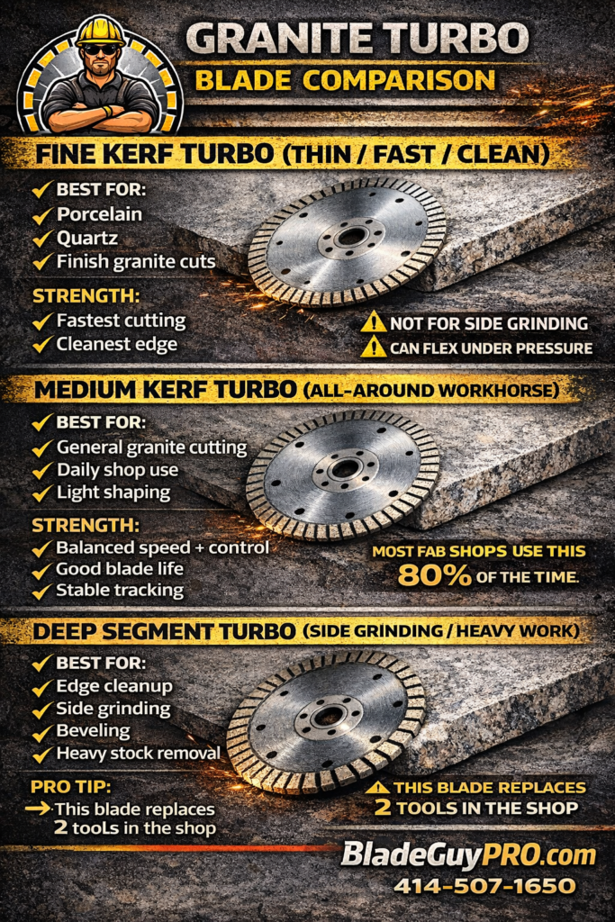 Granite fab shop turbo selector chart showing wrong blade versus right blade for cutting shaping and polishing