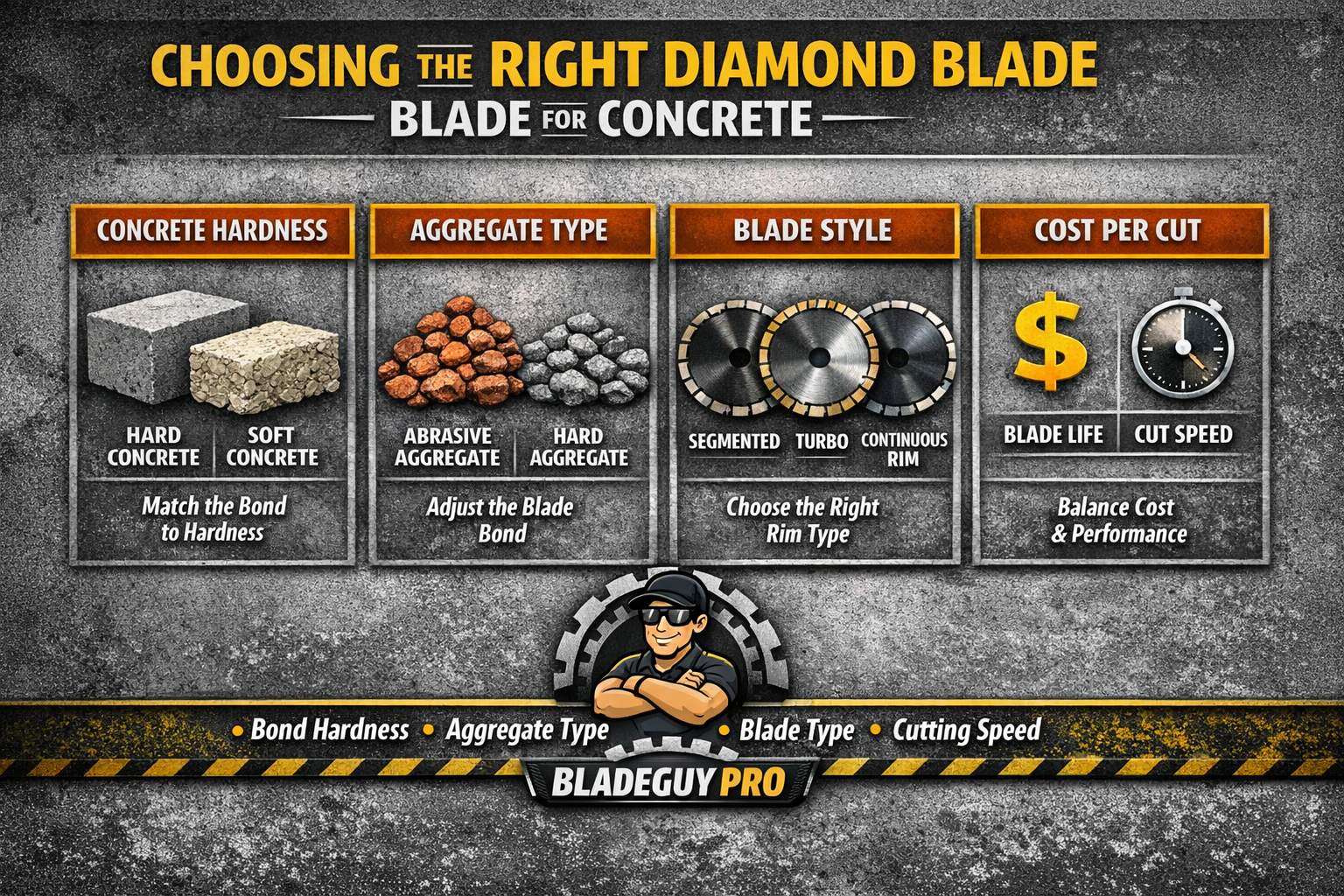 “Infographic showing how to choose the right diamond blade for concrete, with BladeGuy Pro logo in footer.”