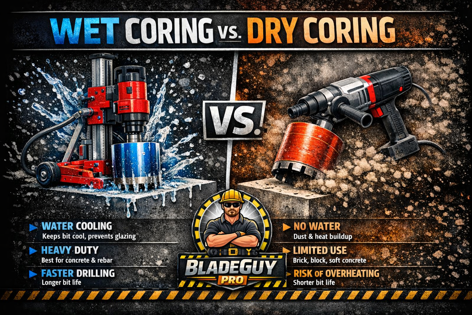 “Infographic comparing wet and dry coring methods for concrete drilling, showing rigs, bits, and performance differences.”