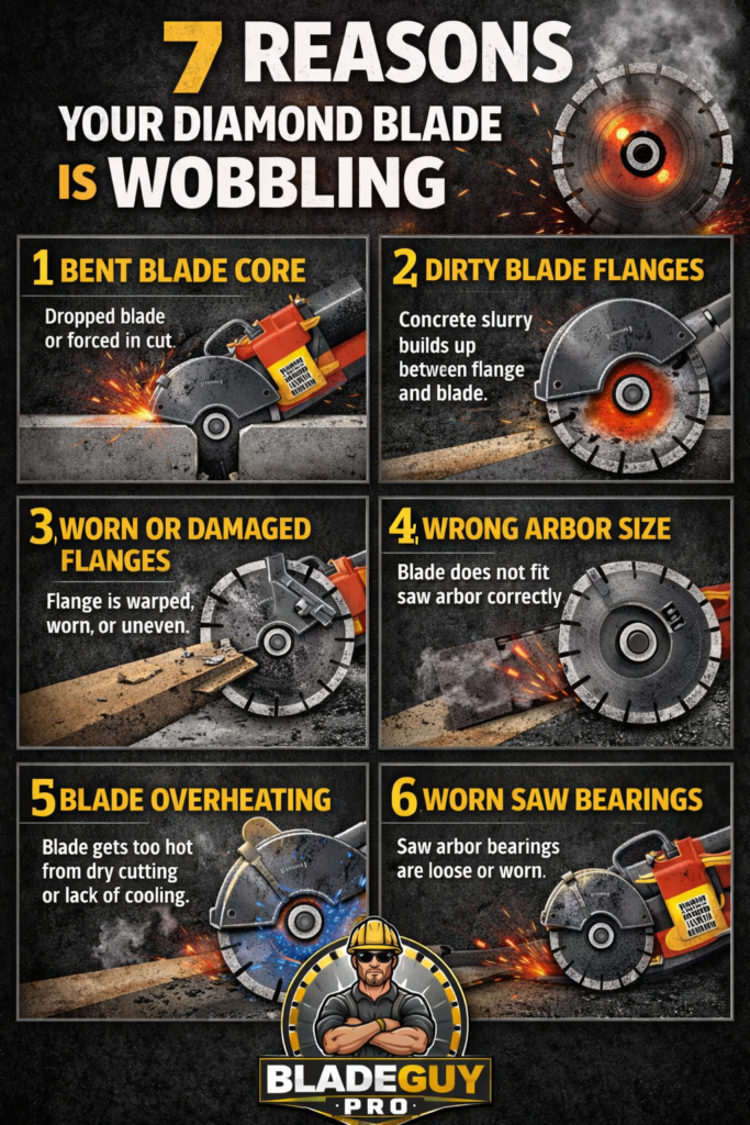 7 reasons a diamond blade wobbles including bent blade core, dirty flanges, worn bearings, wrong arbor size and overheating – BladeGuy Pro contractor guide

