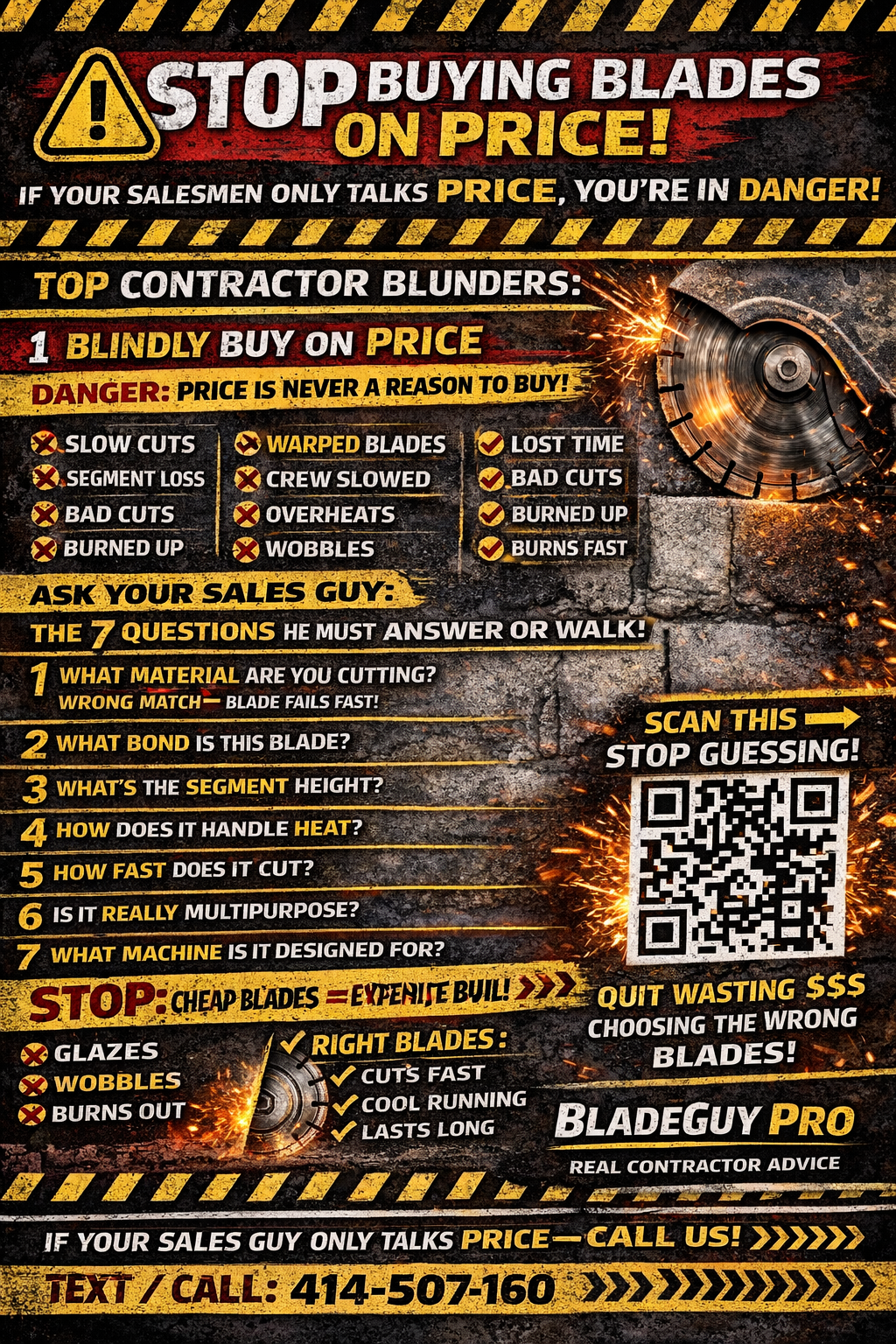 Diamond blade buying guide infographic warning contractors not to buy on price and showing 7 questions to ask before purchasing a diamond blade